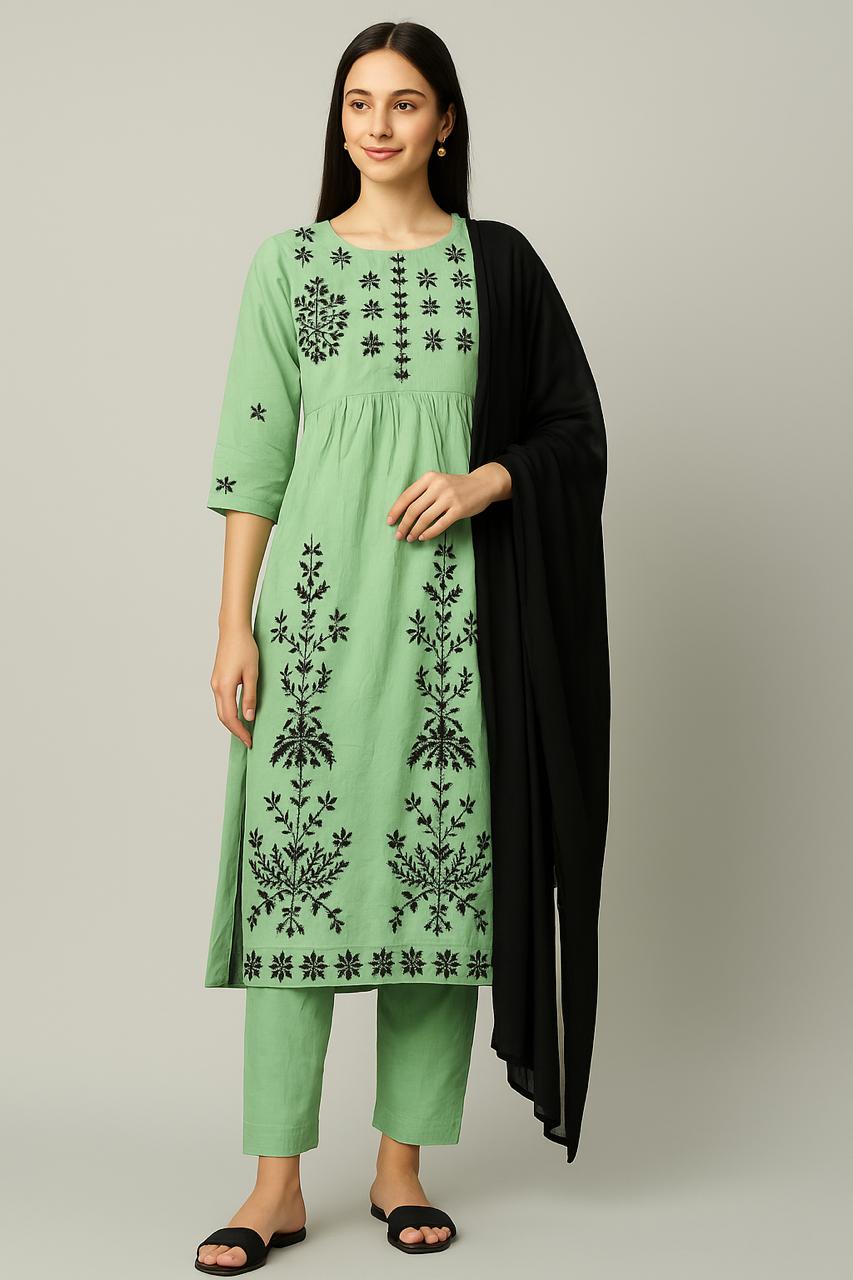 Fine Chikkankari Kurti, Pant, Plain Duppatta Suit XL
