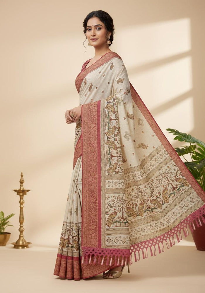 Ivory Peacock Banarasi Silk